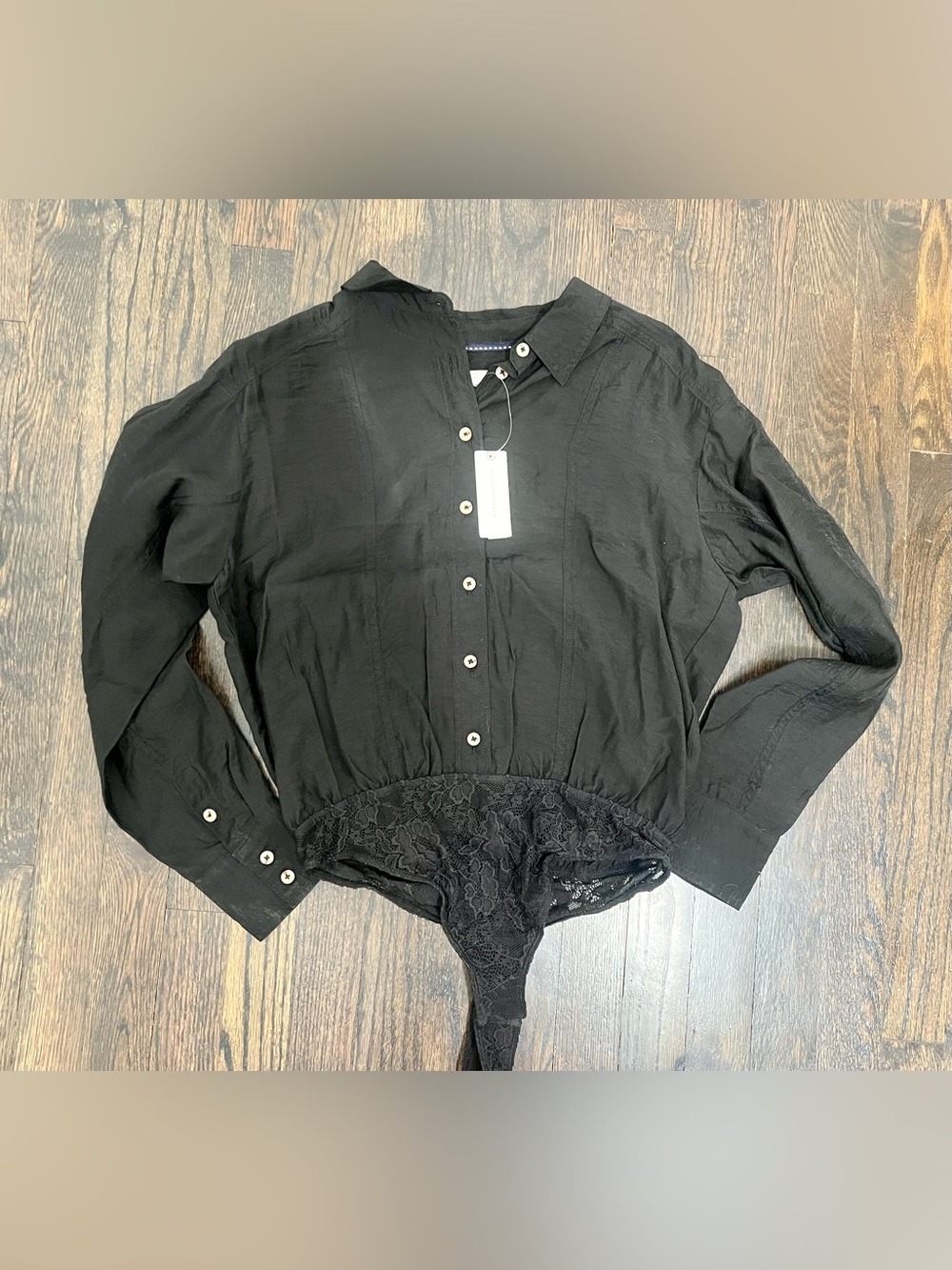 Anthropologie Pilcro Black Lace Thong Bodysuit Button Down Shirt Size S NWT
